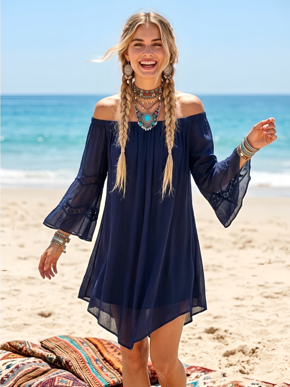 love, Fire Navy Blue Off-Shoulder Mini Dress